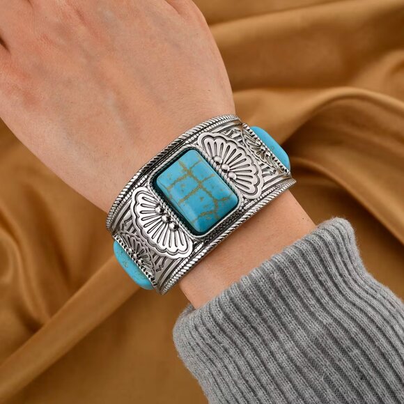 Women's Blue Howlite Cuff Bracelet in Silvertone - Picture 2 of 3